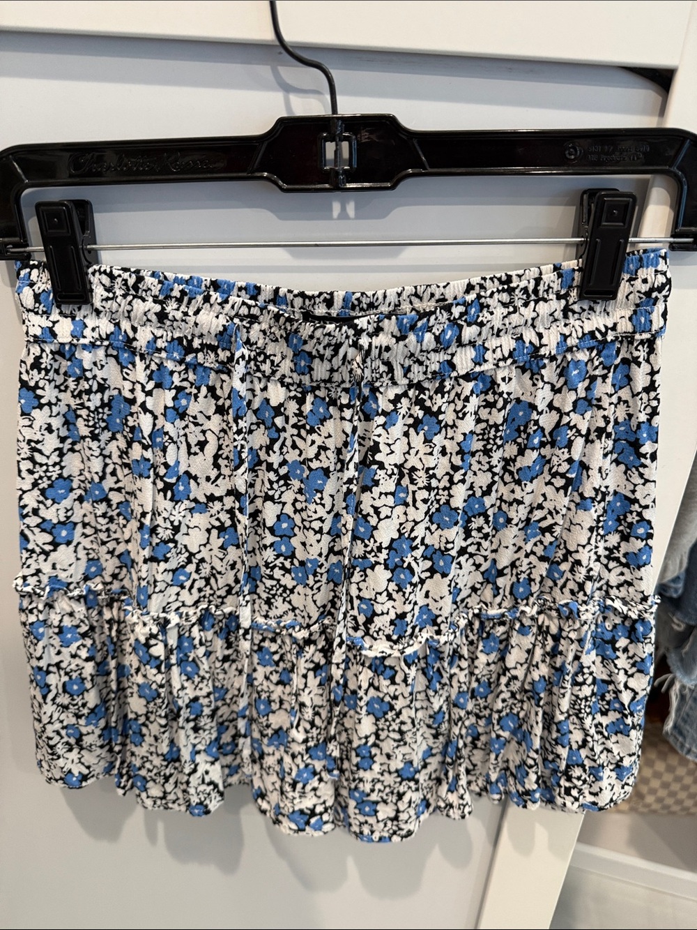 Zara Blue White and Black Floral Tiered Mini Skirt